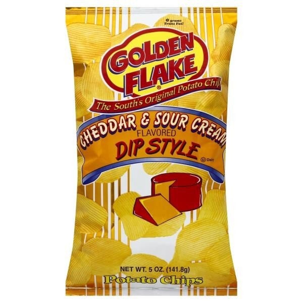 slide 1 of 1, Golden Flake Potato Chips, Cheddar & Sour Cream, Dip Style, Bag, 4.625 oz