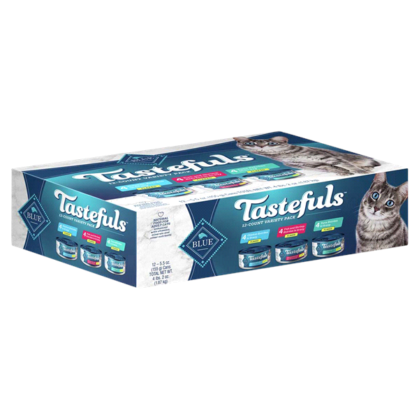slide 1 of 1, Blue Buffalo Tastefuls Adult Cat Tuna Chicken and Shrimp in Gravy Flaked Wet Cat Food Variety Pack, 12 ct; 5.5 oz