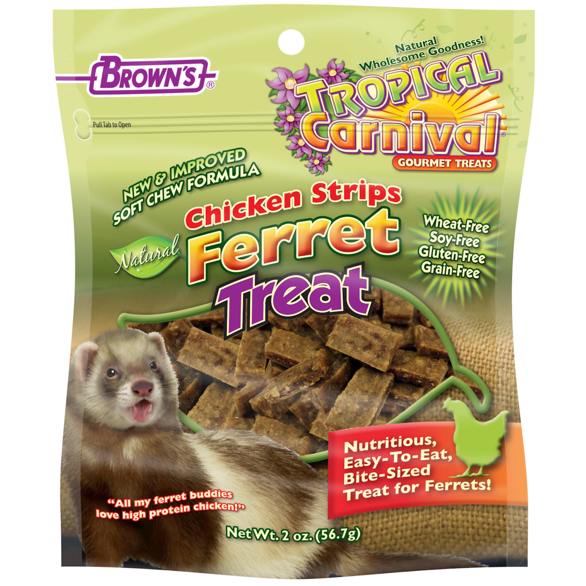 slide 1 of 1, Brown's Tropical Carnival Chicken Strips Ferret Treats, 2 oz