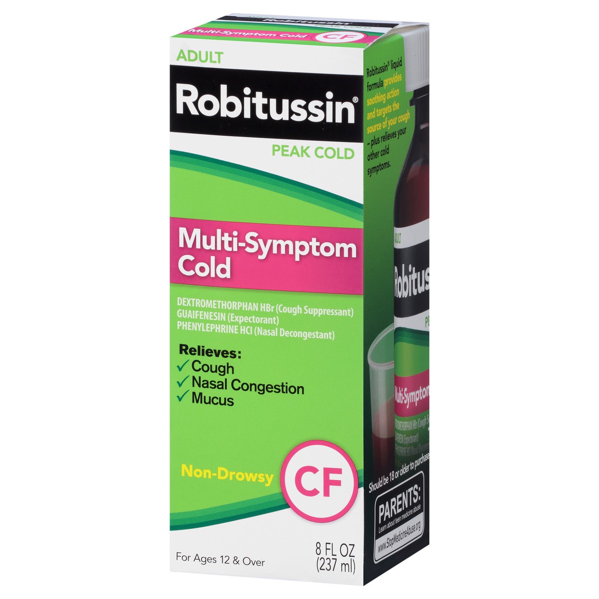 slide 3 of 9, Robitussin Peak Cold Multi-Symptom Cold CF, Cold and Cough Medicine for Adults - 8 Fl Oz Bottle, 8 fl oz