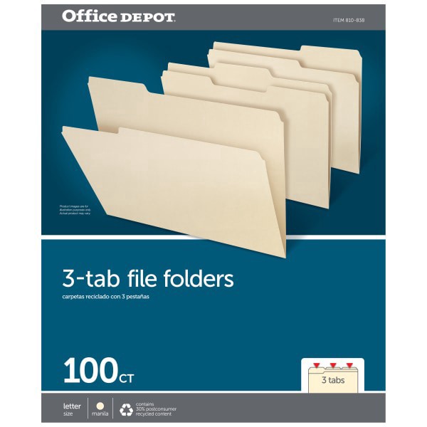 slide 3 of 5, Office Depot Brand File Folders, 1/3 Cut, Letter Size, 30% Recycled, Manila, Pack Of 100 Folders, 100 ct