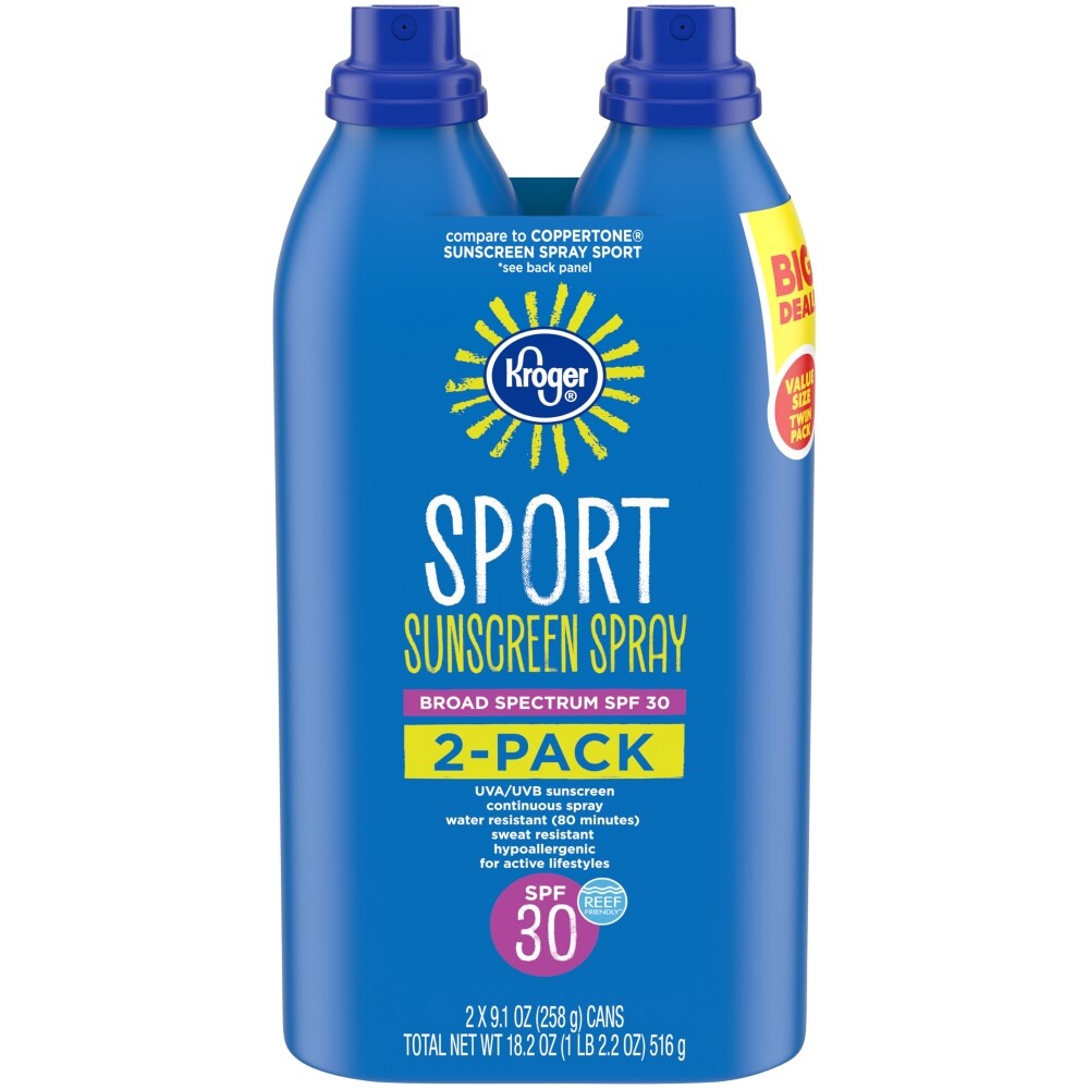 slide 1 of 1, Kroger Broad Spectrum Spf 30 Sport Sunscreen Spray, 2 ct; 9.1 oz