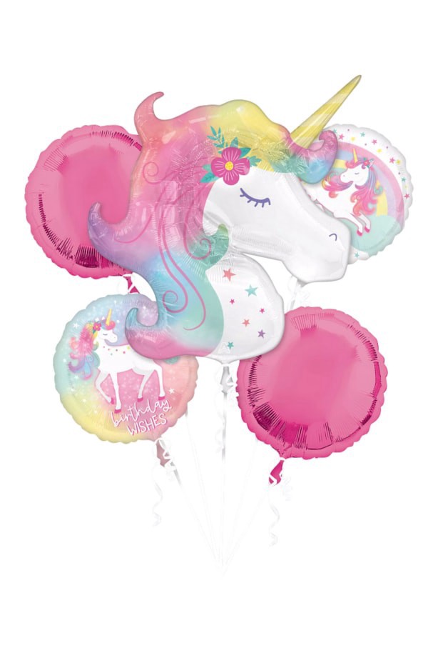 slide 4 of 5, Helium Balloon Bouquet Birthday Unicorn, 5 ct