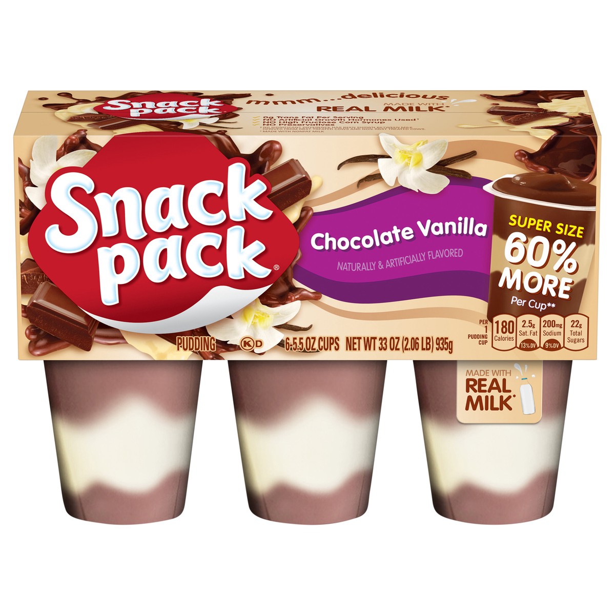 slide 1 of 5, Snack Pack Super Size Chocolate Vanilla Flavored Pudding, 5.5 oz Pudding Cups, 6 Count, 6 ct