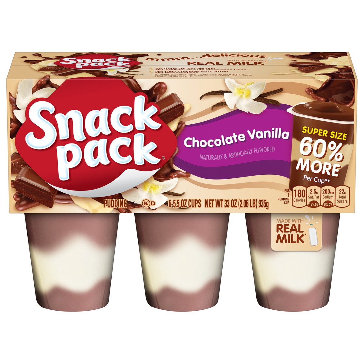 slide 1 of 5, Snack Pack Super Size Chocolate Vanilla Pudding 6 - 5.5 oz Cups, 6 ct