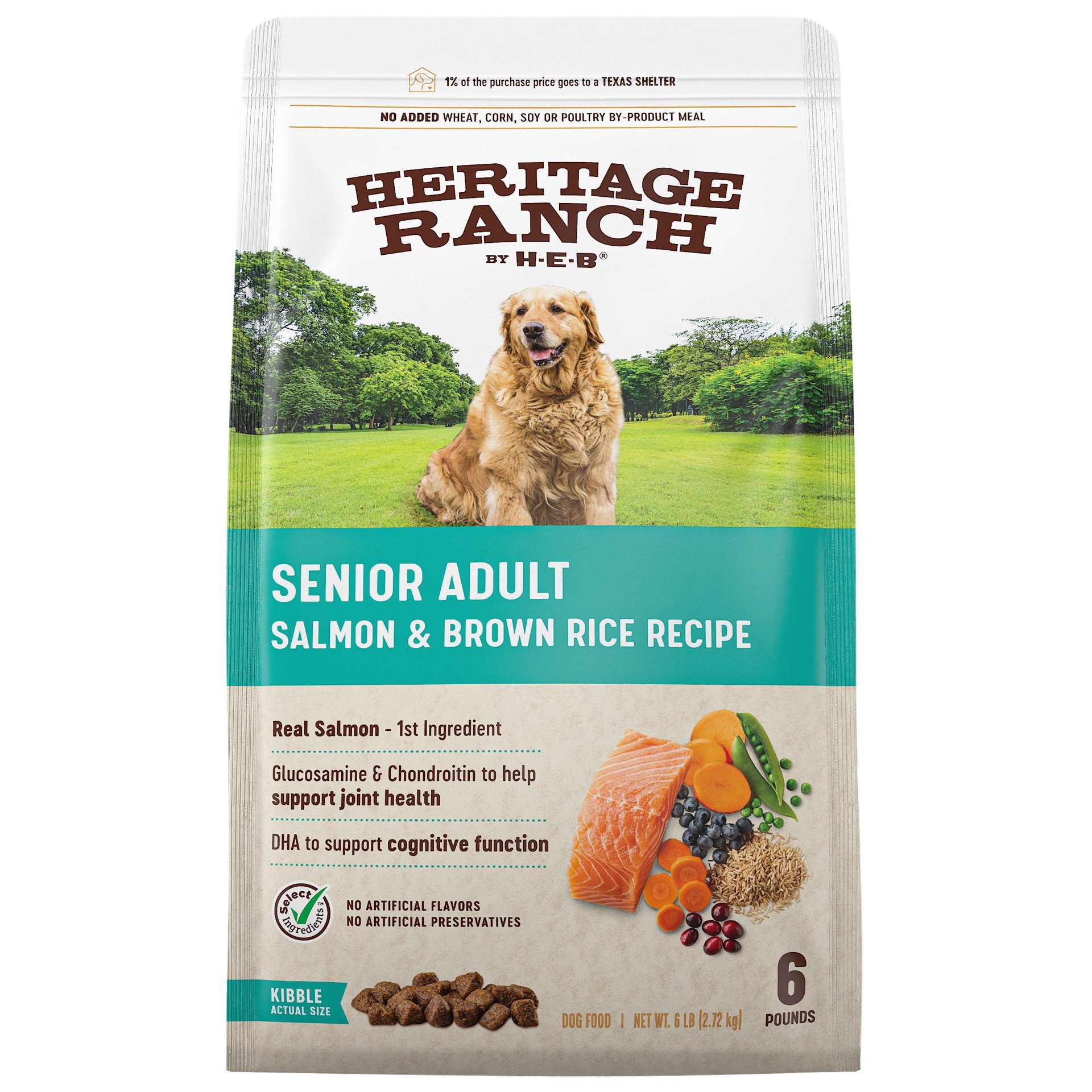 slide 1 of 1, Heritage Ranch by H-E-B Senior Salmon & Brown Rice Recipe Dry Dog Food, 6 lb