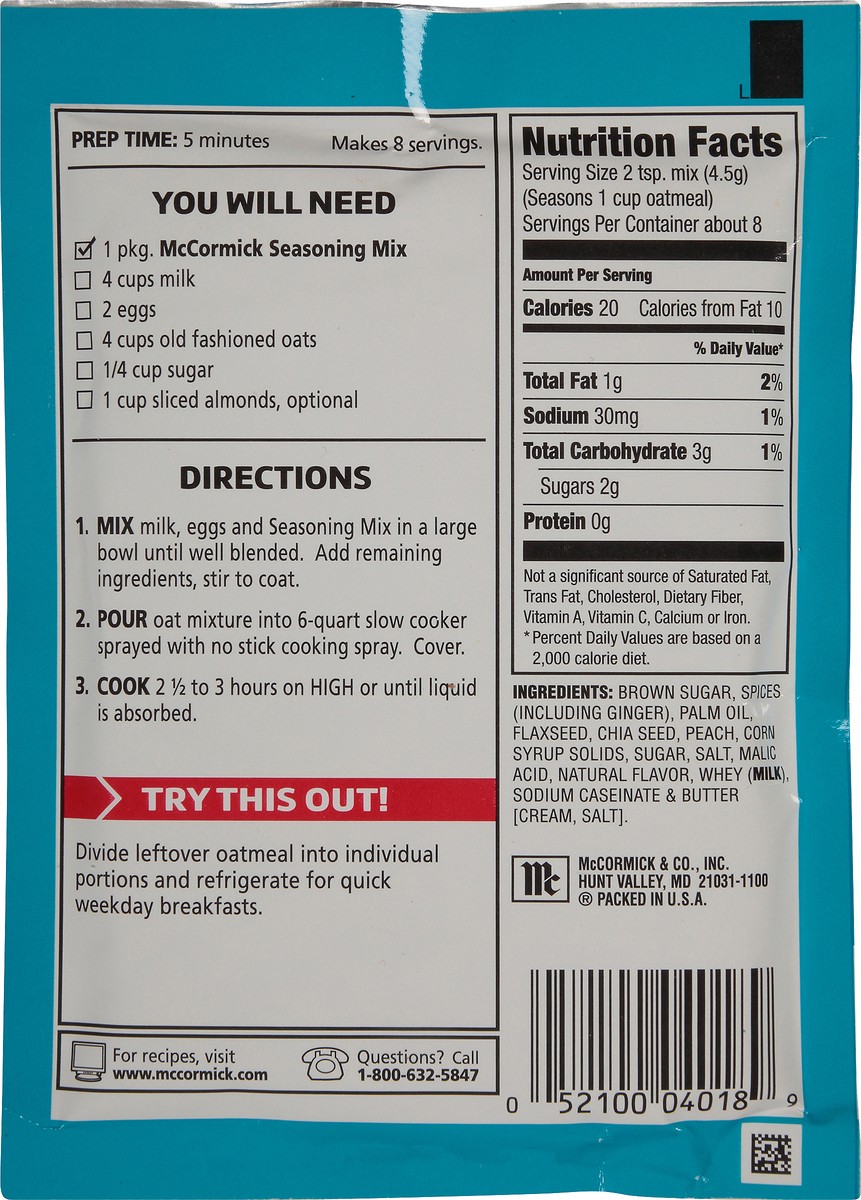 slide 7 of 11, McCormick Good Morning Peaches & Cream Baked Oatmeal Slow Cooker Breakfast Seasoning Mix 1.25 oz. Packet, 1.25 oz