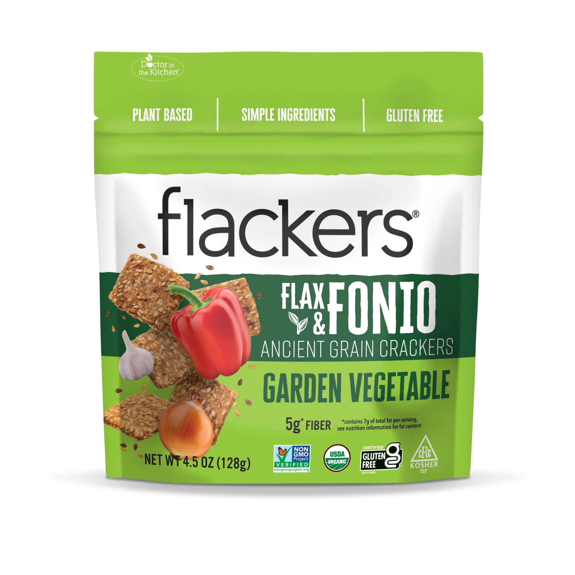 slide 1 of 2, Flackers, Flax & Fonio Ancient Grain Crackers, Garden Vegetable, 4.5 oz
