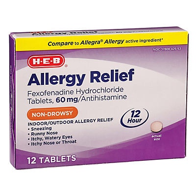 slide 1 of 1, H-E-B Allergy Relief 12 Hour Original Prescription Strength Fexofenadine 60 mg Tablets, 12 ct