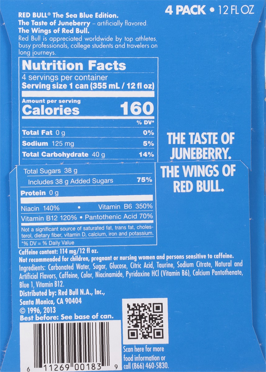 slide 8 of 12, Red Bull Sea Blue Edition Energy Drink, Juneberry, 114mg Caffeine, 12 fl oz, Pack of 4 Cans, 4 ct; 12 oz