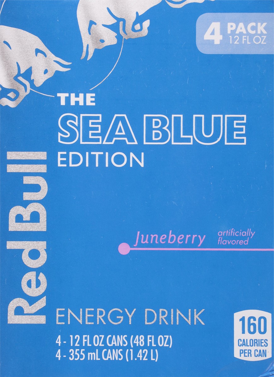 slide 11 of 12, Red Bull Sea Blue Edition Energy Drink, Juneberry, 114mg Caffeine, 12 fl oz, Pack of 4 Cans, 4 ct; 12 oz