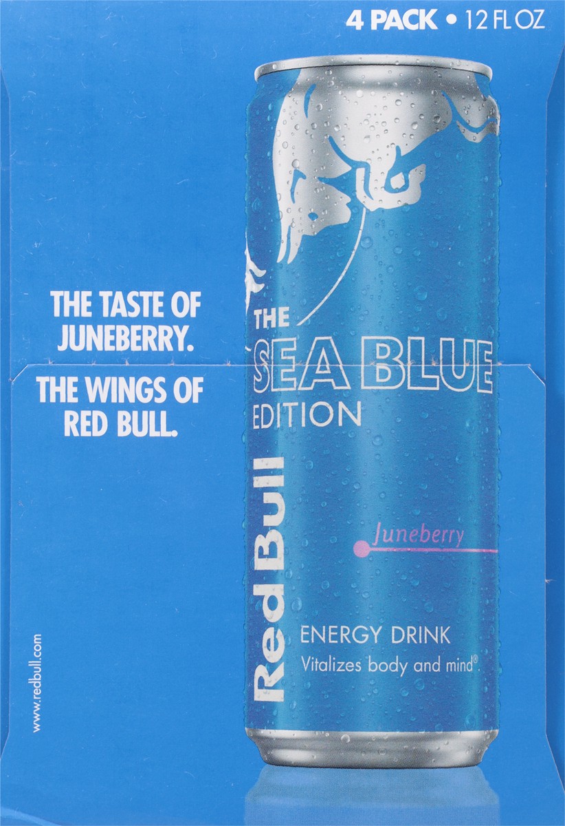 slide 12 of 12, Red Bull Sea Blue Edition Energy Drink, Juneberry, 114mg Caffeine, 12 fl oz, Pack of 4 Cans, 4 ct; 12 oz