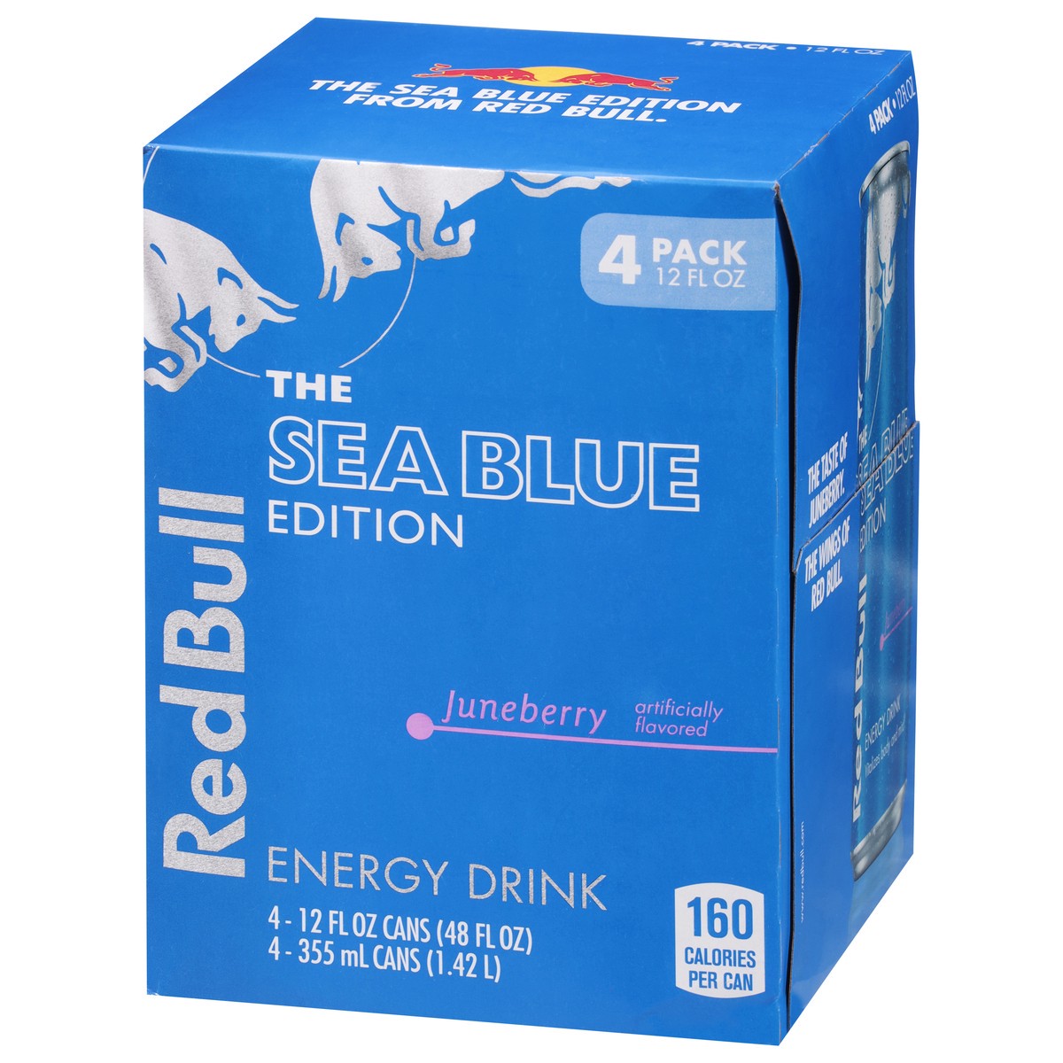 slide 7 of 12, Red Bull Sea Blue Edition Energy Drink, Juneberry, 114mg Caffeine, 12 fl oz, Pack of 4 Cans, 4 ct; 12 oz