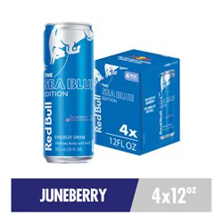 Red Bull Sea Blue Edition Energy Drink, Juneberry, 114mg Caffeine, 12 fl oz, Pack of 4 Cans