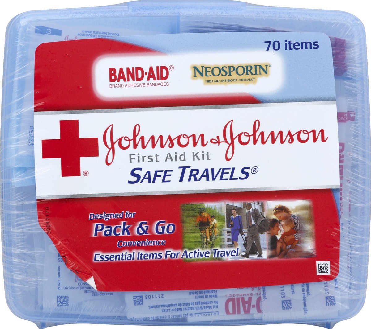 slide 4 of 6, Johnson & Johnson Safe Travels Portable Emergency First Aid Kit for Minor Wound Care with Assorted Adhesive Bandages, Gauze Pads & More, Ideal for Travel, Car & On-the-Go, 70 pc, 1 ct