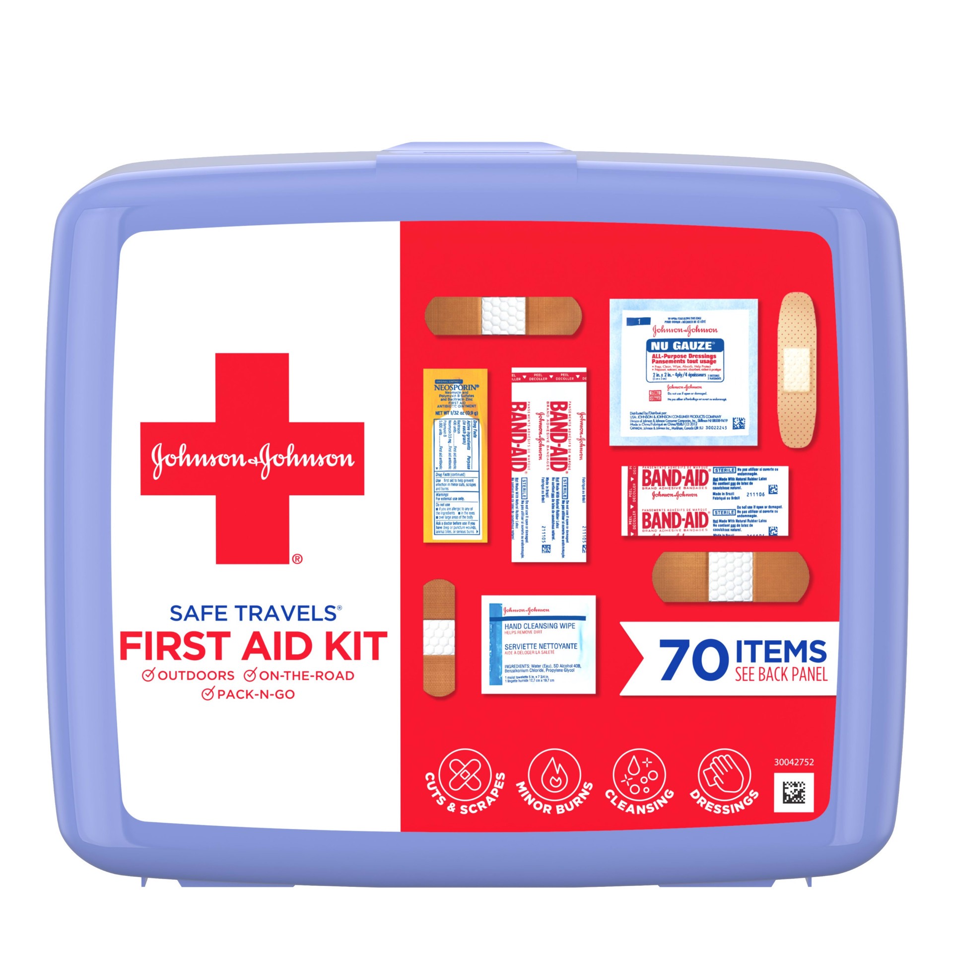 slide 1 of 6, Johnson & Johnson Safe Travels Portable Emergency First Aid Kit for Minor Wound Care with Assorted Adhesive Bandages, Gauze Pads & More, Ideal for Travel, Car & On-the-Go, 70 pc, 1 ct