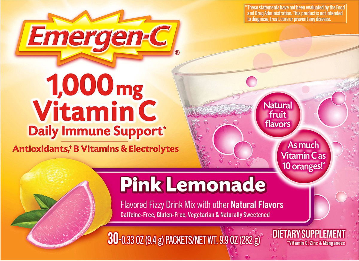 slide 9 of 11, Emergen-C Fizzy Drink Mix 1,000 mg Pink Lemonade Vitamin C 30 ea, 30 ct