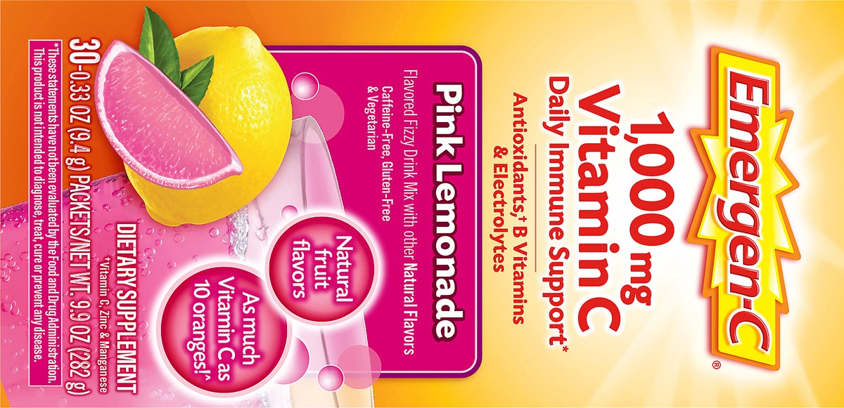 slide 10 of 11, Emergen-C Fizzy Drink Mix 1,000 mg Pink Lemonade Vitamin C 30 ea, 30 ct