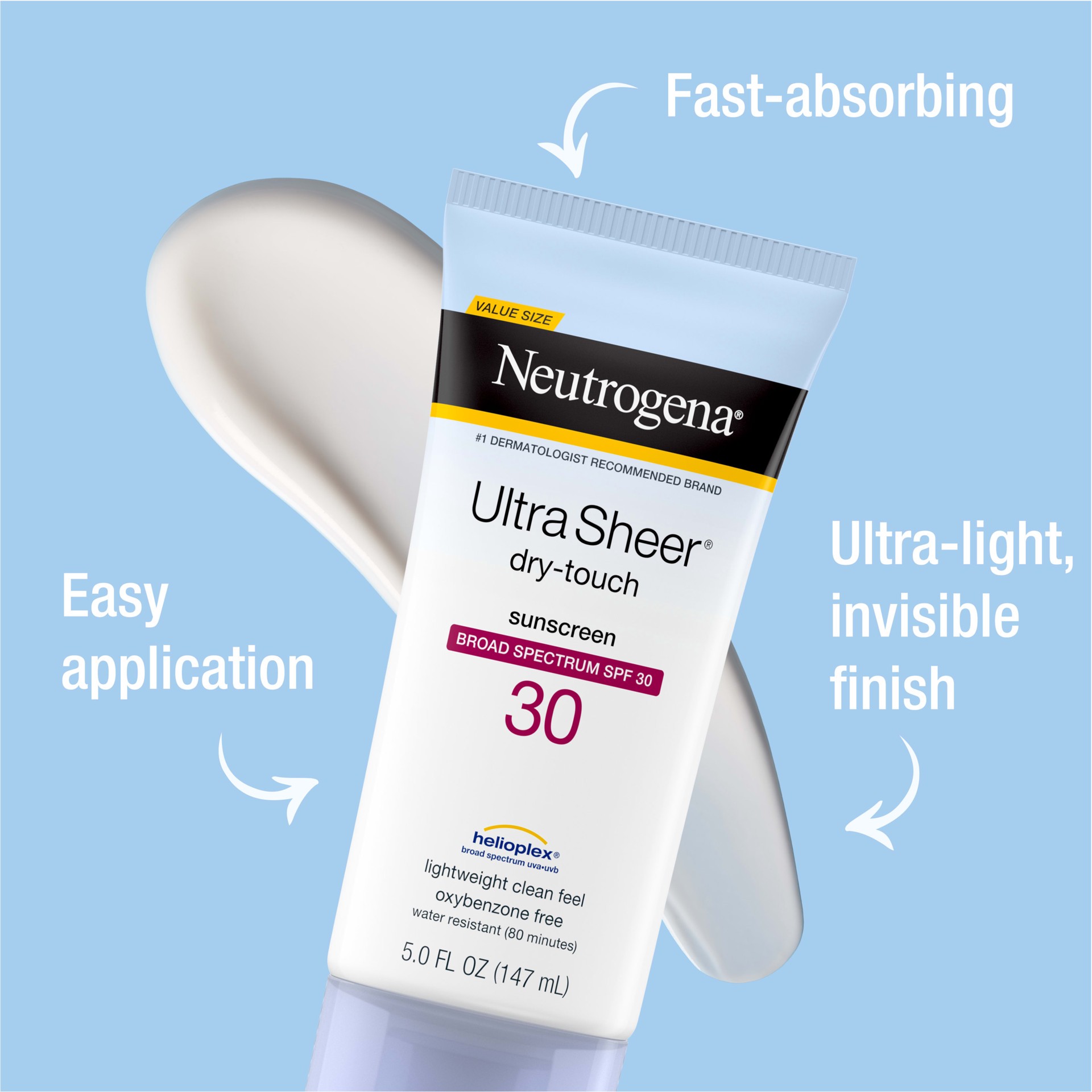 slide 5 of 9, Neutrogena Ultra Sheer Dry-Touch Sunscreen Lotion, Broad Spectrum SPF 30 UVA/UVB Protection, Oxybenzone-Free Water Resistant, Non-Comedogenic & Non-Greasy, 5 fl. oz, 5 fl oz