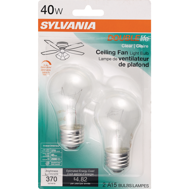 slide 1 of 1, Sylvania Double Life Ceiling Fan Clear 40 Watt Light Bulbs A15 , 2 ct