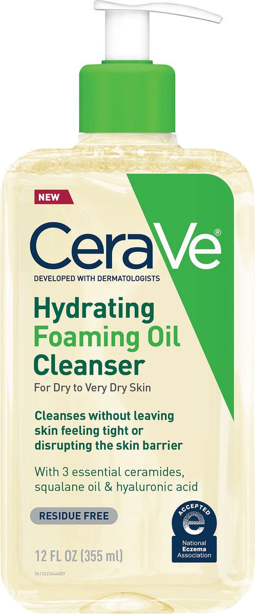slide 3 of 7, CeraVe Hydrating Foaming Cleansing Oil Face Wash with Squalane Oil, Triglyceride and Hyaluronic Acid For Dry to Very Dry Skin - 12 fl oz, 12 fl oz