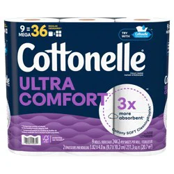 Cottonelle Ultra Comfort Toilet Paper, Strong Toilet Tissue, 9 Mega Rolls (9 Mega Rolls = 36 Regular Rolls), 244 Sheets Per Roll