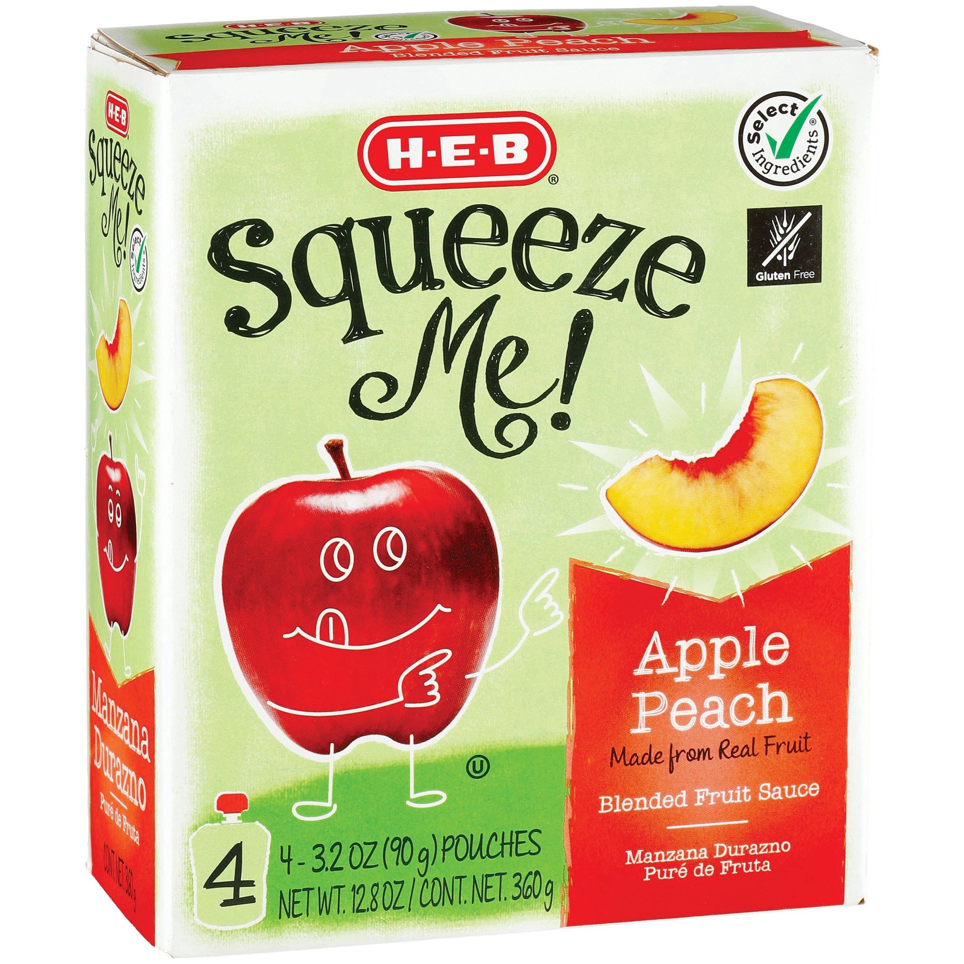 slide 1 of 1, H-E-B Squeeze Me! Apple Peach Pouches, 4 ct; 3.2 oz