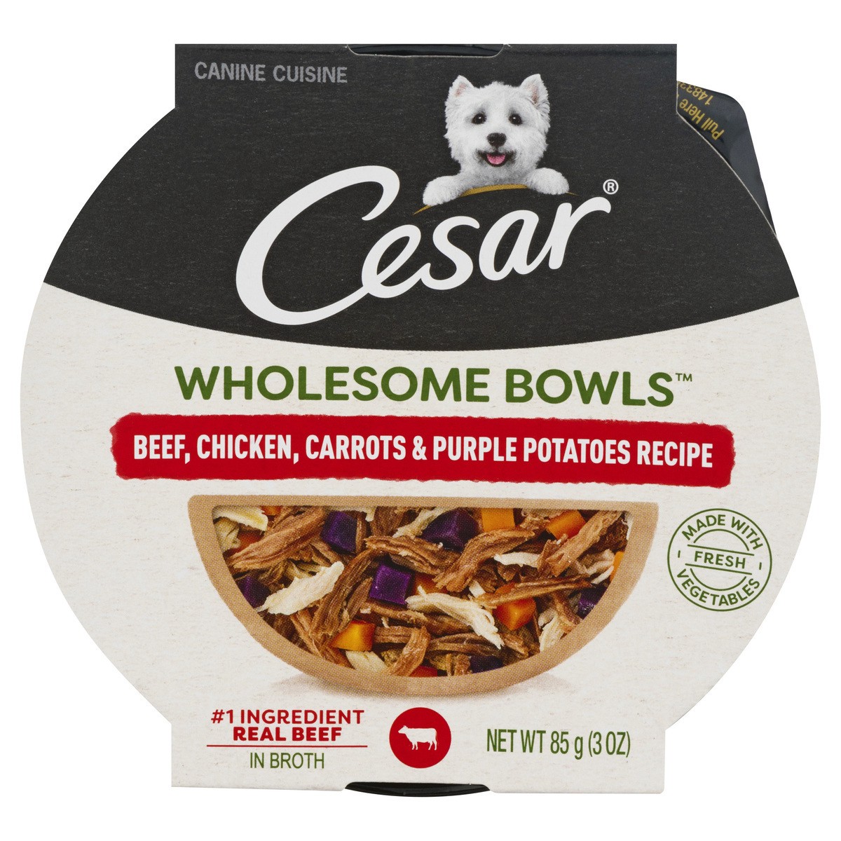 slide 7 of 11, Cesar Wholesome Bowls Beef Chicken Carrots & Purple Potatoes Recipe Canine Cuisine In Broth 85 gr, 85 g