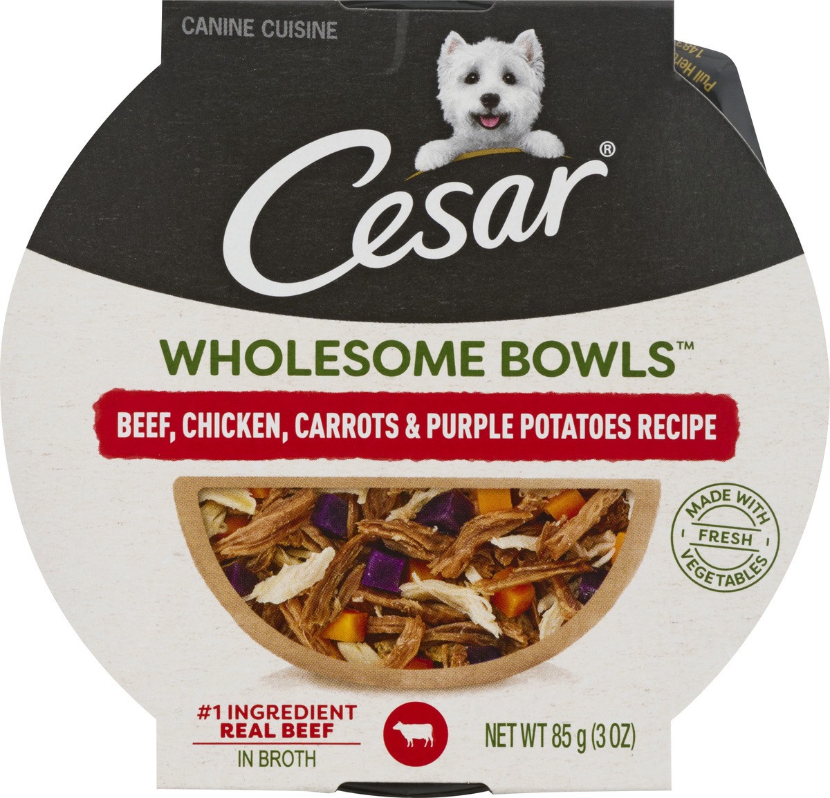 slide 1 of 11, Cesar Wholesome Bowls Beef Chicken Carrots & Purple Potatoes Recipe Canine Cuisine In Broth 85 gr, 85 g