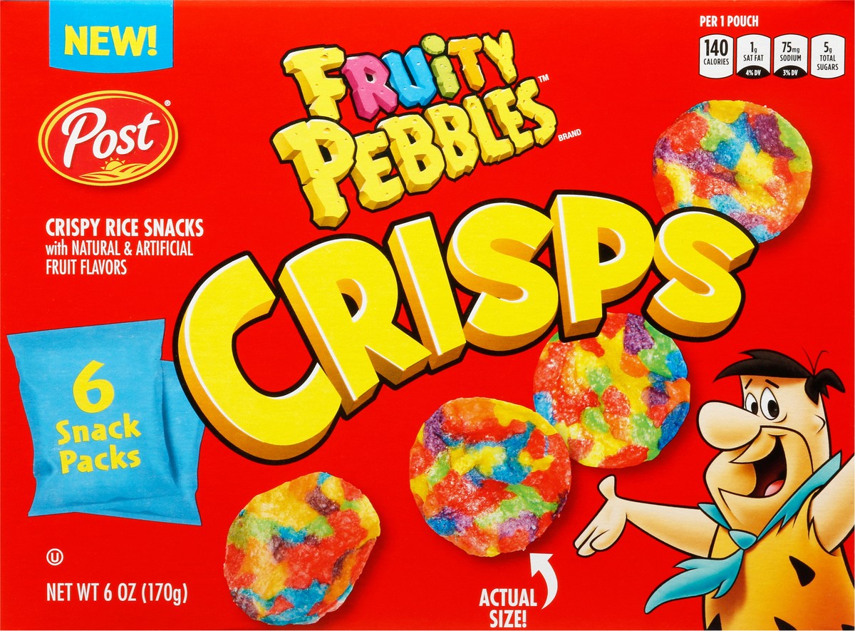 slide 6 of 9, Post New Post Fruity PEBBLES Crisps, Portable Breakfast Cereal Snack, Kids Snacks, Gluten Free, 1-Oz (Pack of 6), 6 oz