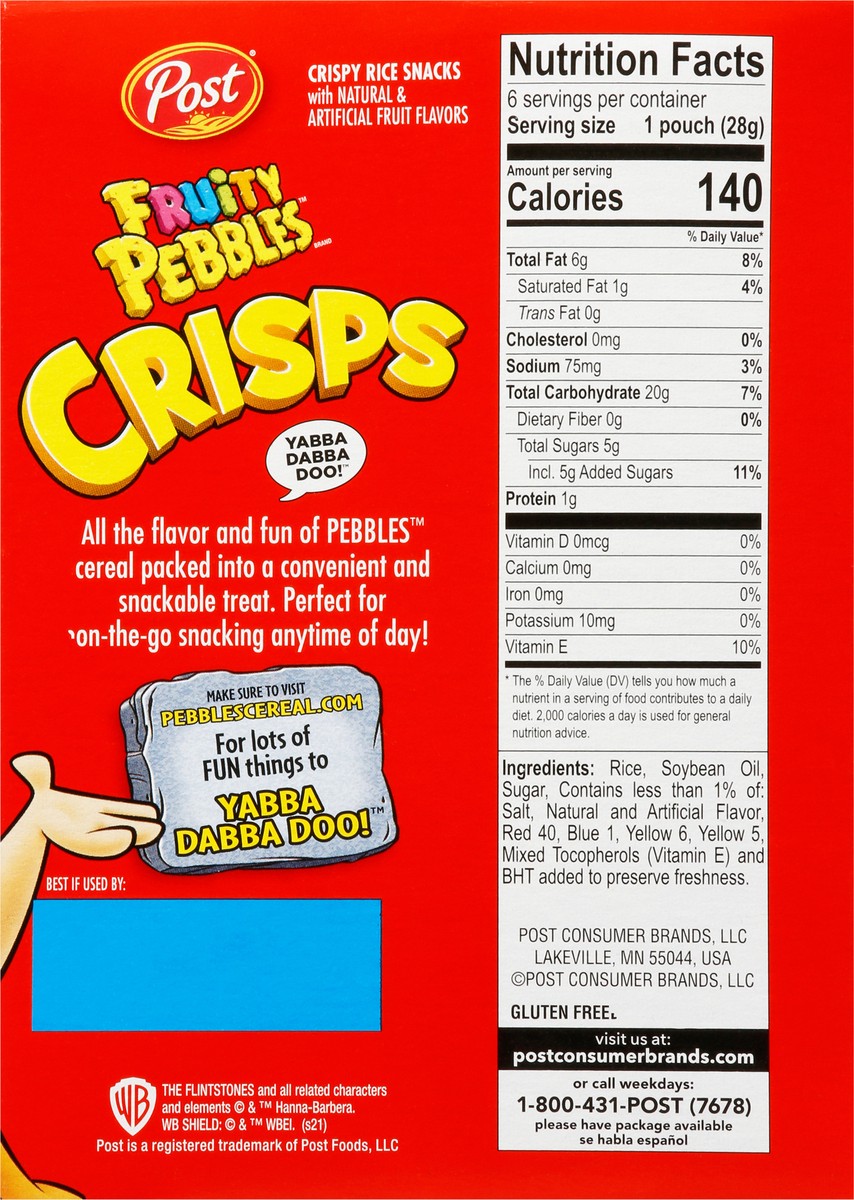 slide 8 of 9, Post New Post Fruity PEBBLES Crisps, Portable Breakfast Cereal Snack, Kids Snacks, Gluten Free, 1-Oz (Pack of 6), 6 oz