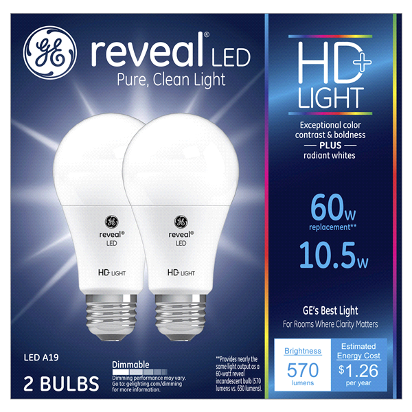 slide 1 of 1, GE LED 60W Equivalent Reveal High Definition A19 Dimmable LED, 2 ct
