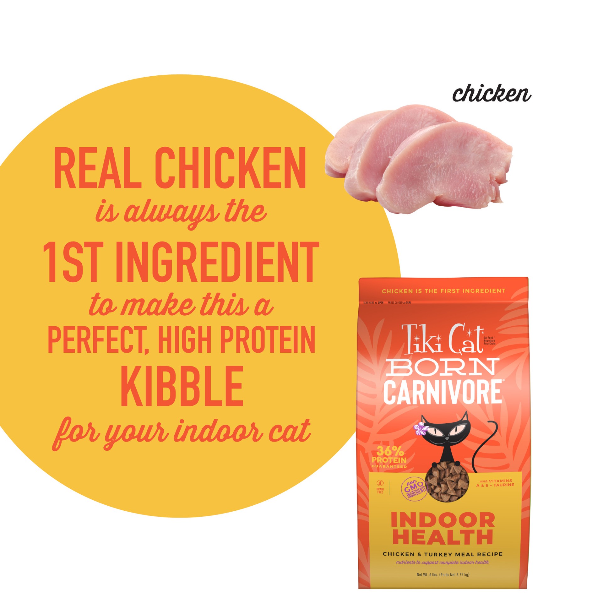 slide 9 of 9, Tiki Cat Born Carnivore Indoor Health Dry Cat Food, Chicken & Turkey Meal, 6 lbs. Bag, 6 lb