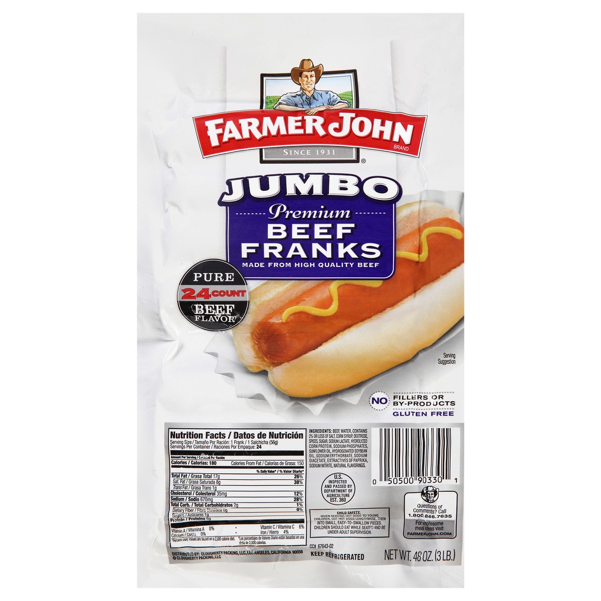 slide 2 of 2, Farmer John Jumbo Beef Franks, 3 lb