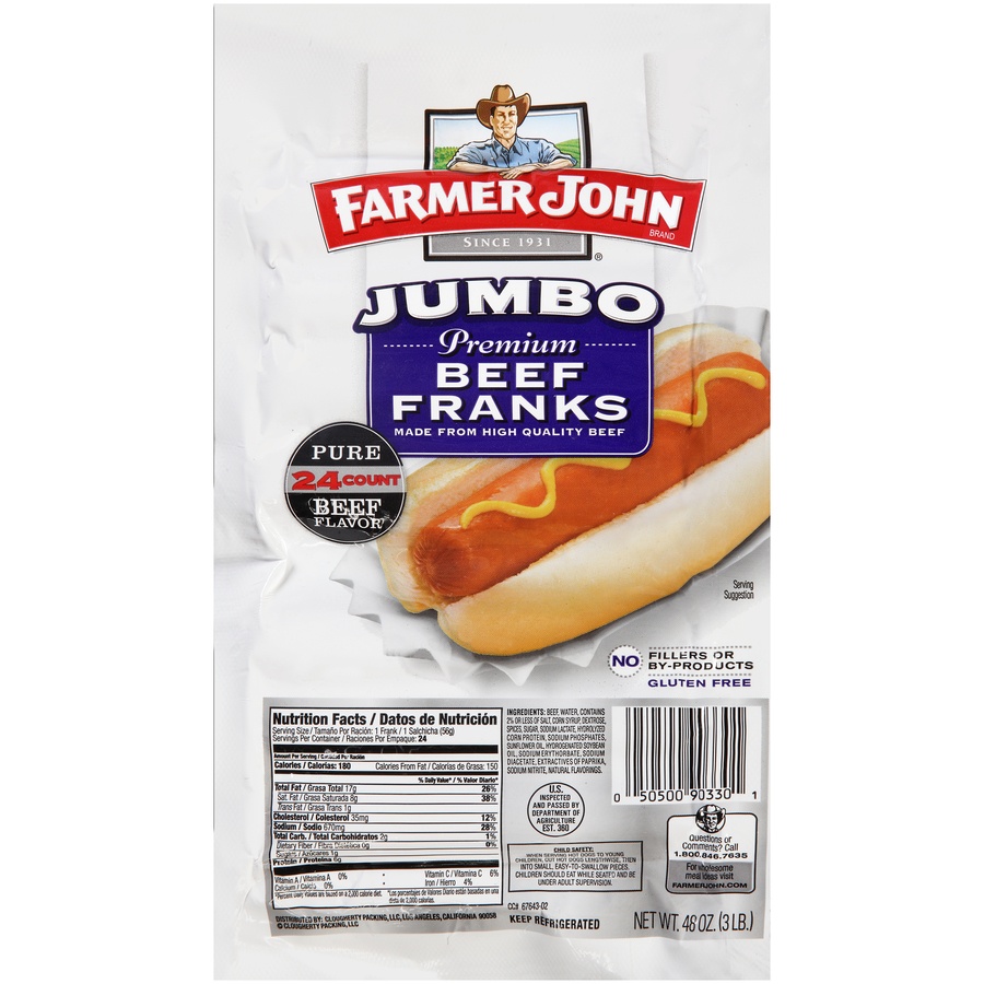 slide 1 of 6, Farmer John Jumbo Beef Franks, 3 lb