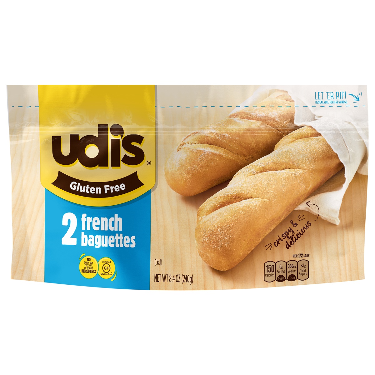 slide 1 of 3, Udi's Gluten Free Crispy and Delicious French Baguettes, Frozen, 8.47 oz. Bag, 2 ct; 8.4 oz