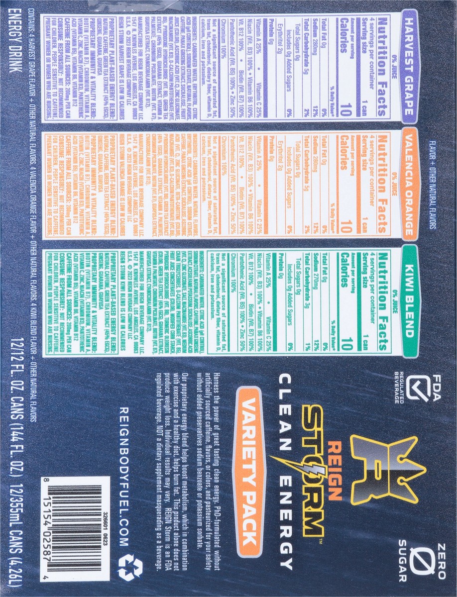slide 10 of 14, Reign Storm Harvest Grape/Valencia Orange/Kiwi Blend Energy Drink Variety Pack 12 - 12 fl oz Cans, 12 ct