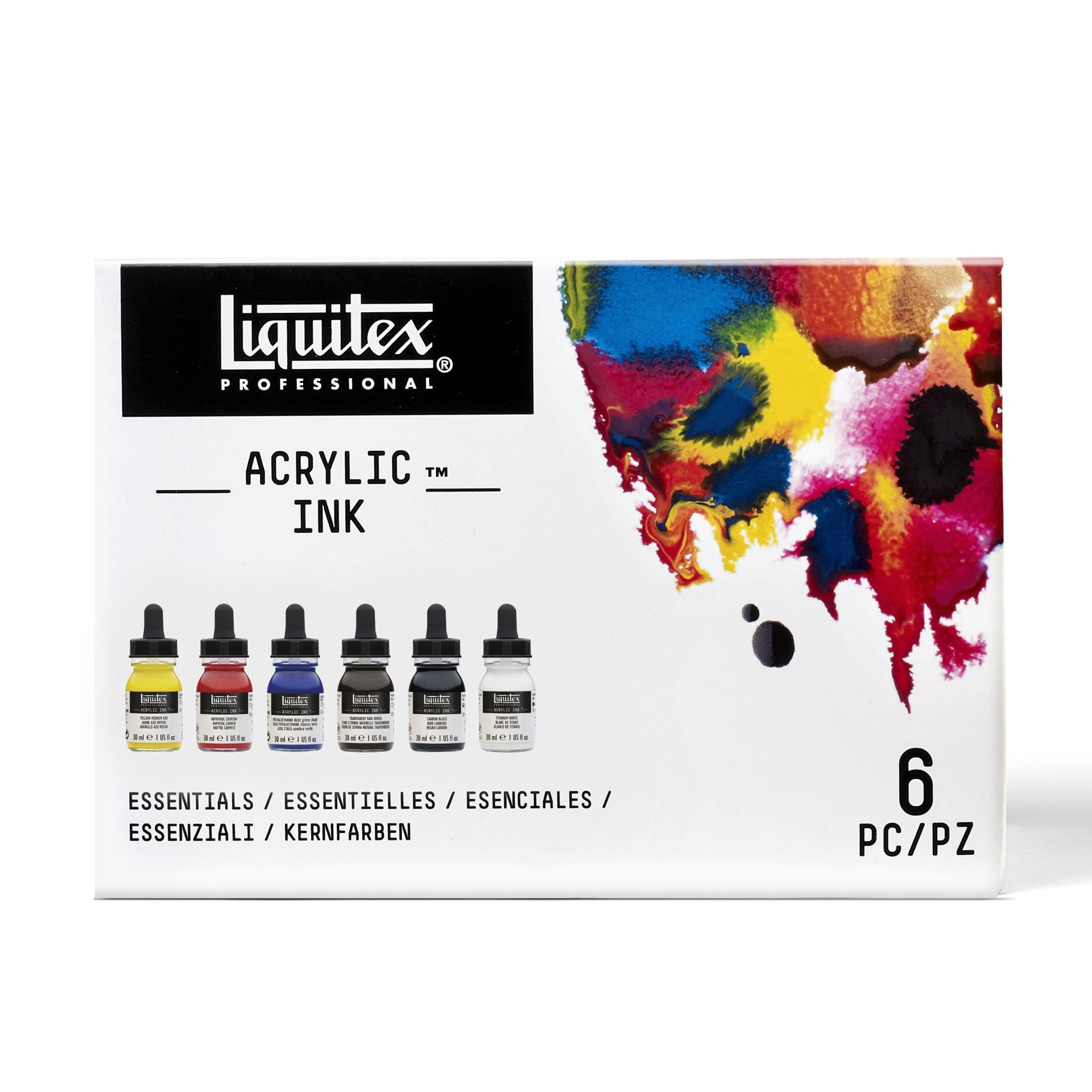 slide 5 of 5, Liquitex Professional Acrylic Ink Essential Set, includes 6 assorted colors