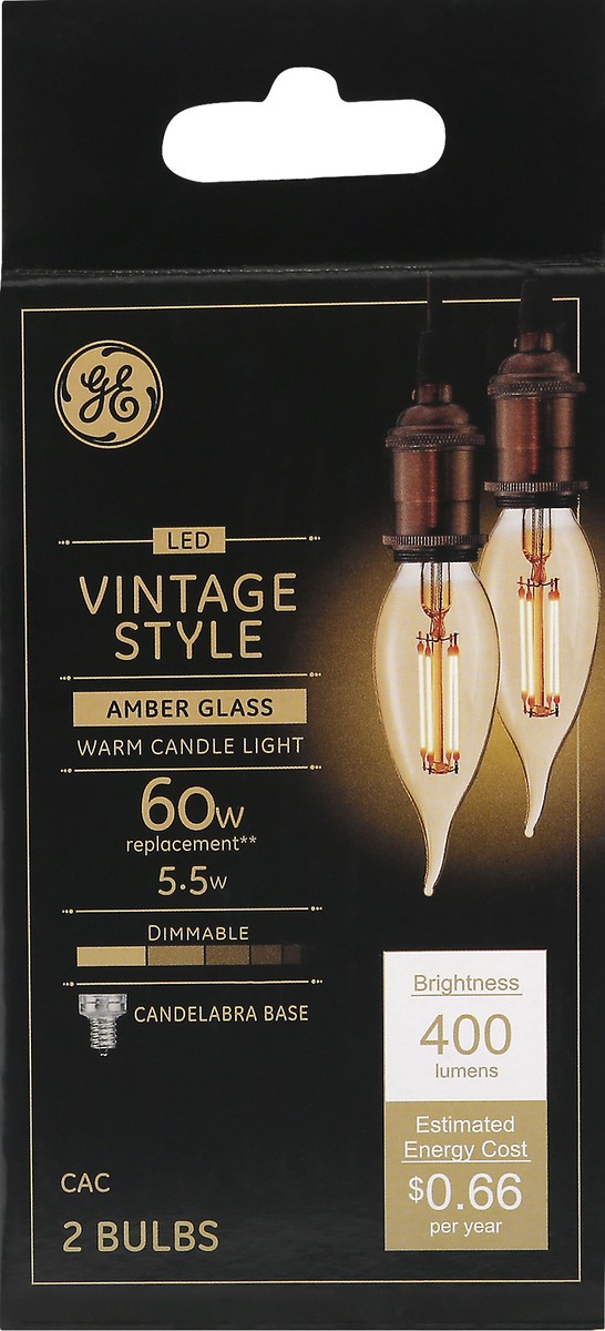 slide 5 of 9, GE LED Vintage Style Amber Glass Warm Candle Light 5.5 Watts Light Bulb 2 ea, 2 ct