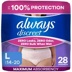 Always Discreet Adult Incontinence Underwear for Women and Postpartum Underwear, L, Up to 100% Bladder Leak Protection, 28 CT