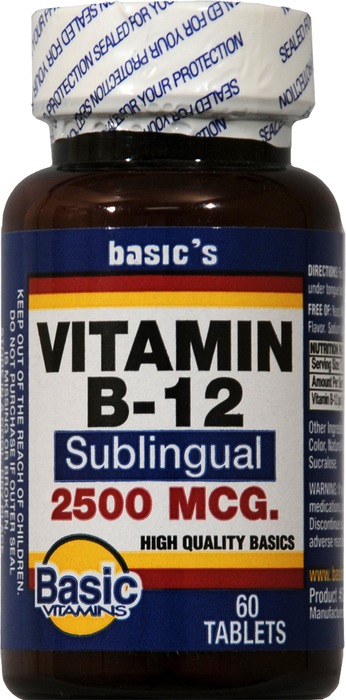 slide 1 of 1, Basic Vitamin B12 Sublingual Tablets 2500 Mcg, 60 ct