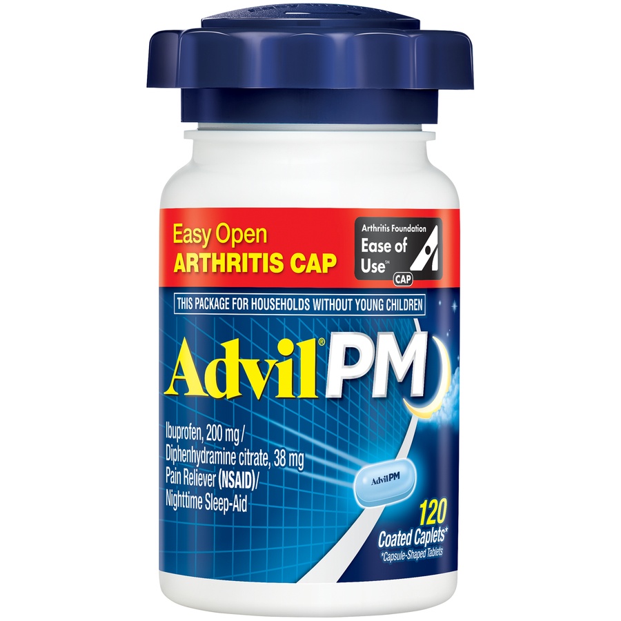 slide 1 of 2, Advil PM Easy Open Cap (120 Count) Pain Reliever / Nighttime Sleep Aid Caplet, 200mg Ibuprofen, 38mg Diphenhydramine, 120 ct
