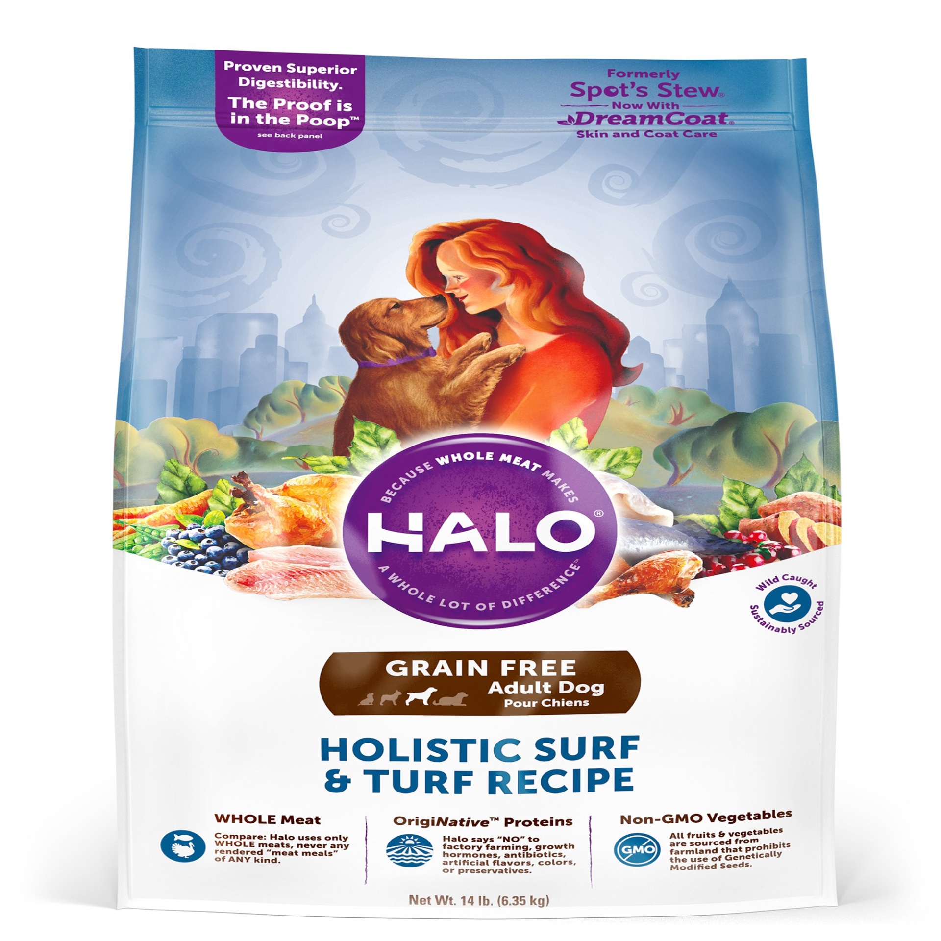 slide 1 of 1, Halo Grain Free Holistic Surf N Turf Dry Dog Food, 14 lb
