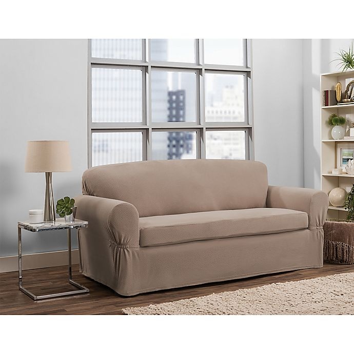 slide 1 of 6, Smart Fit Tinsley Polyester Stretch Sofa Slipcover - Taupe, 2 ct