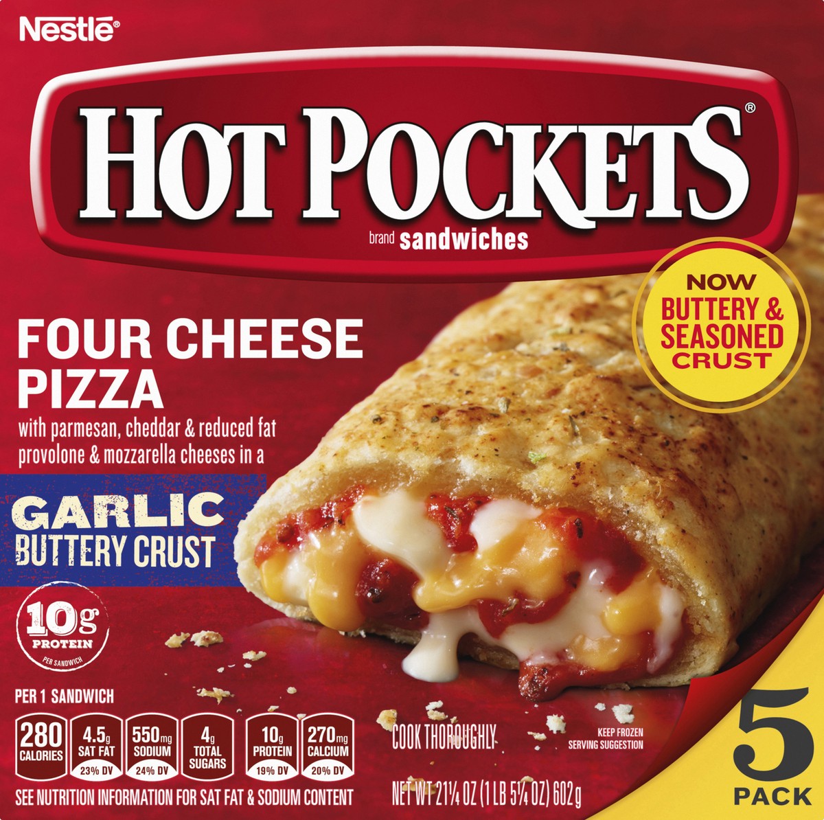 slide 5 of 8, Hot Pockets Four Cheese Pizza Italian Style Seasoned Crust Frozen Snacks, Pizza Snacks Made with Real Cheese, 5 Count Frozen Sandwiches, 21.25 oz