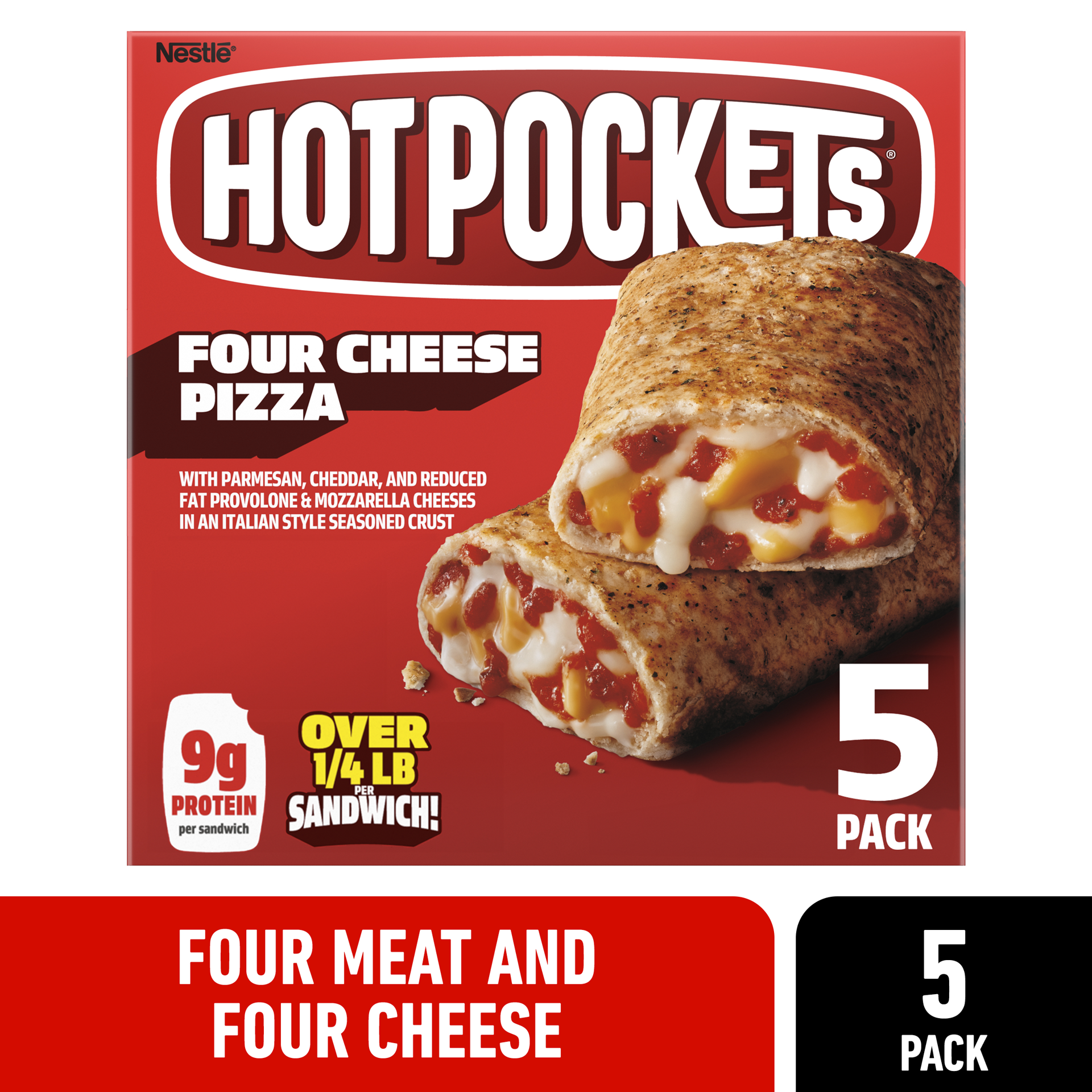 slide 1 of 8, Hot Pockets Four Cheese Pizza Italian Style Seasoned Crust Frozen Snacks, Pizza Snacks Made with Real Cheese, 5 Count Frozen Sandwiches, 21.25 oz