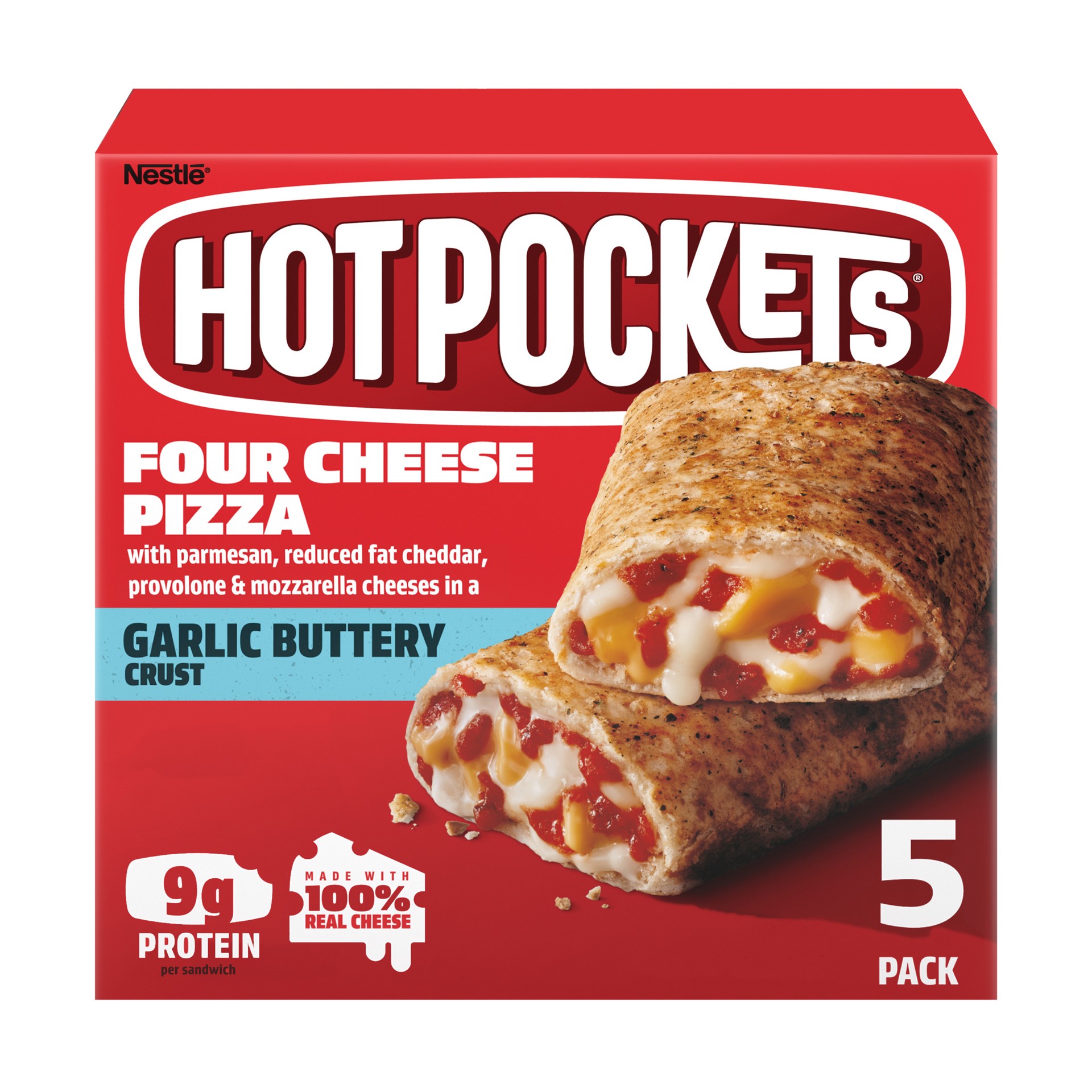 slide 1 of 8, Hot Pockets Four Cheese Pizza Garlic Buttery Crust Frozen Snacks, Pizza Snacks Made with Real Cheese, 5 Count Frozen Sandwiches, 1.33 lb