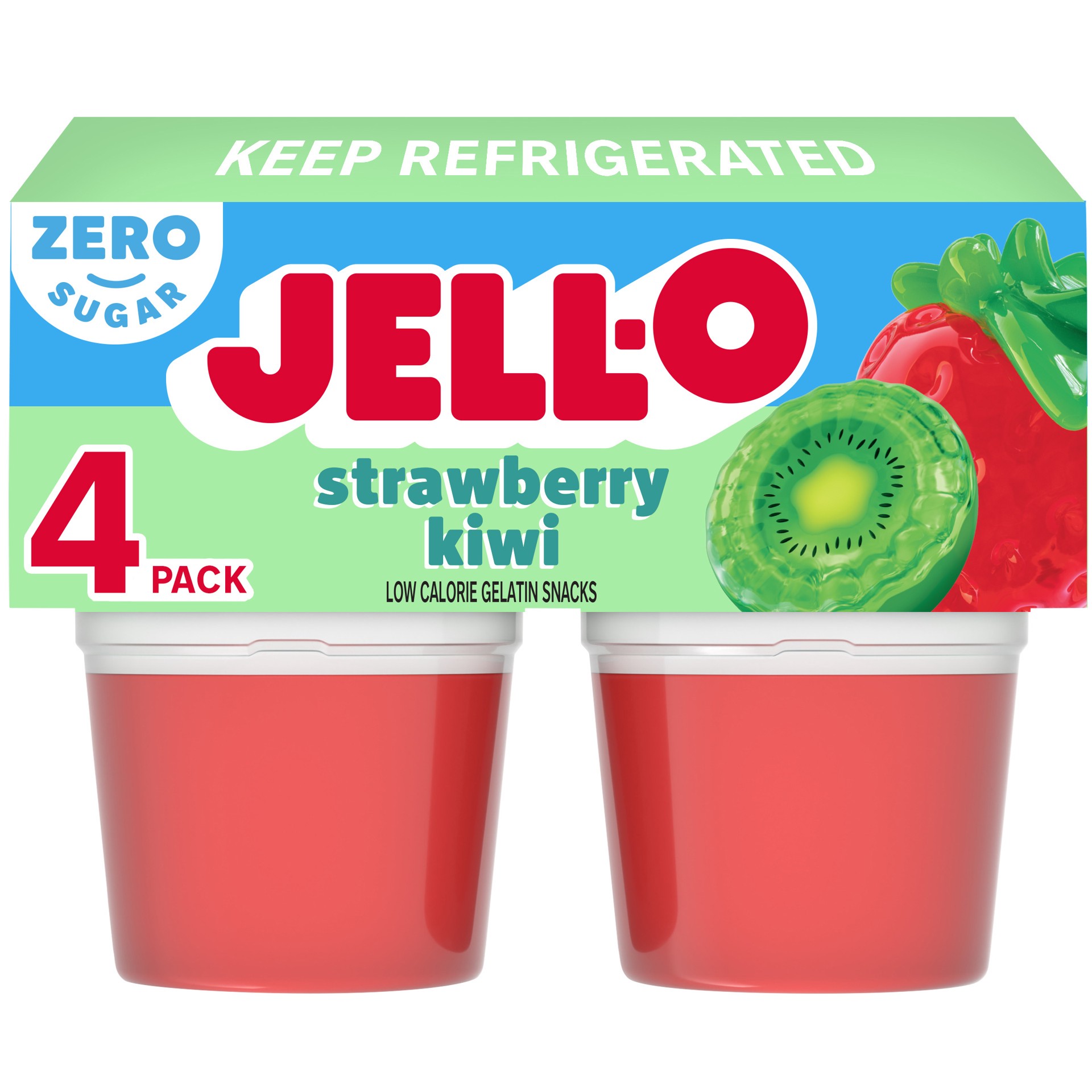 slide 1 of 5, Jell-O Strawberry Kiwi Artificially Flavored Zero Sugar Ready-to-Eat Gelatin Snack Cups, 4 ct Cups, 12.5 oz