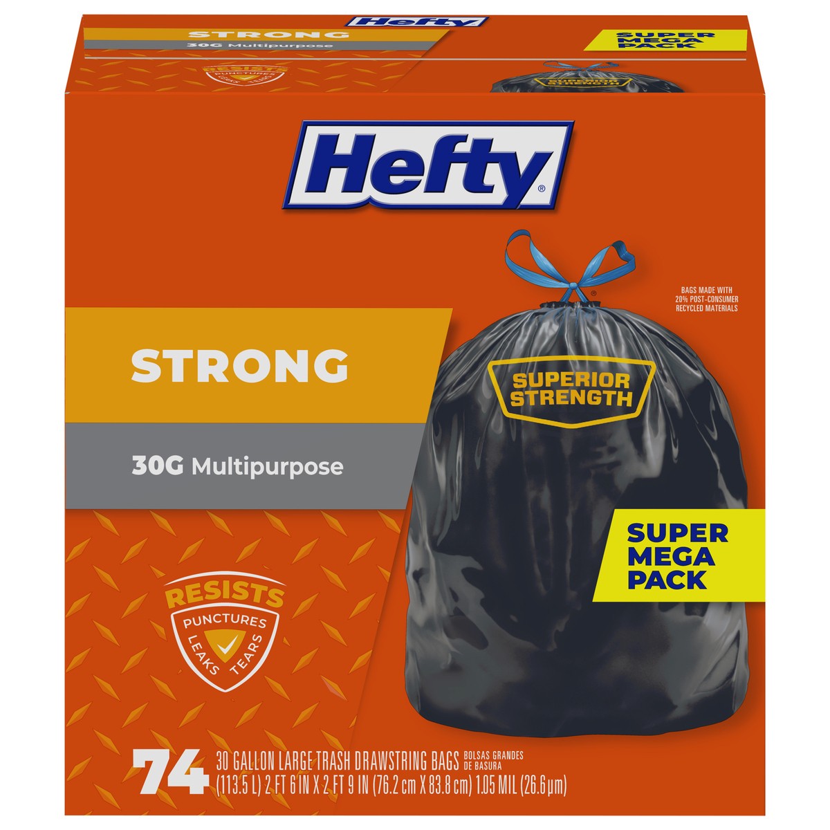 slide 1 of 9, Hefty Large Multipurpose 30G Strong Drawstring Bags Super Mega Pack 74 ea, 74 ct