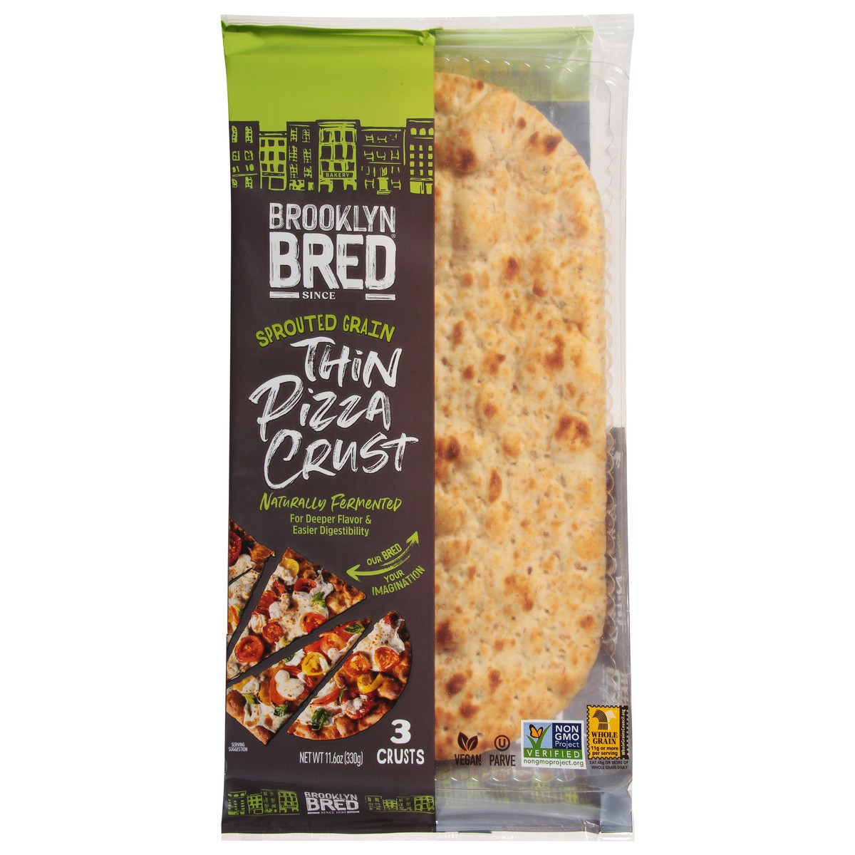 slide 1 of 9, Brooklyn Bread Thin Sprouted Grain Pizza Crust 3 ea, 3 ct